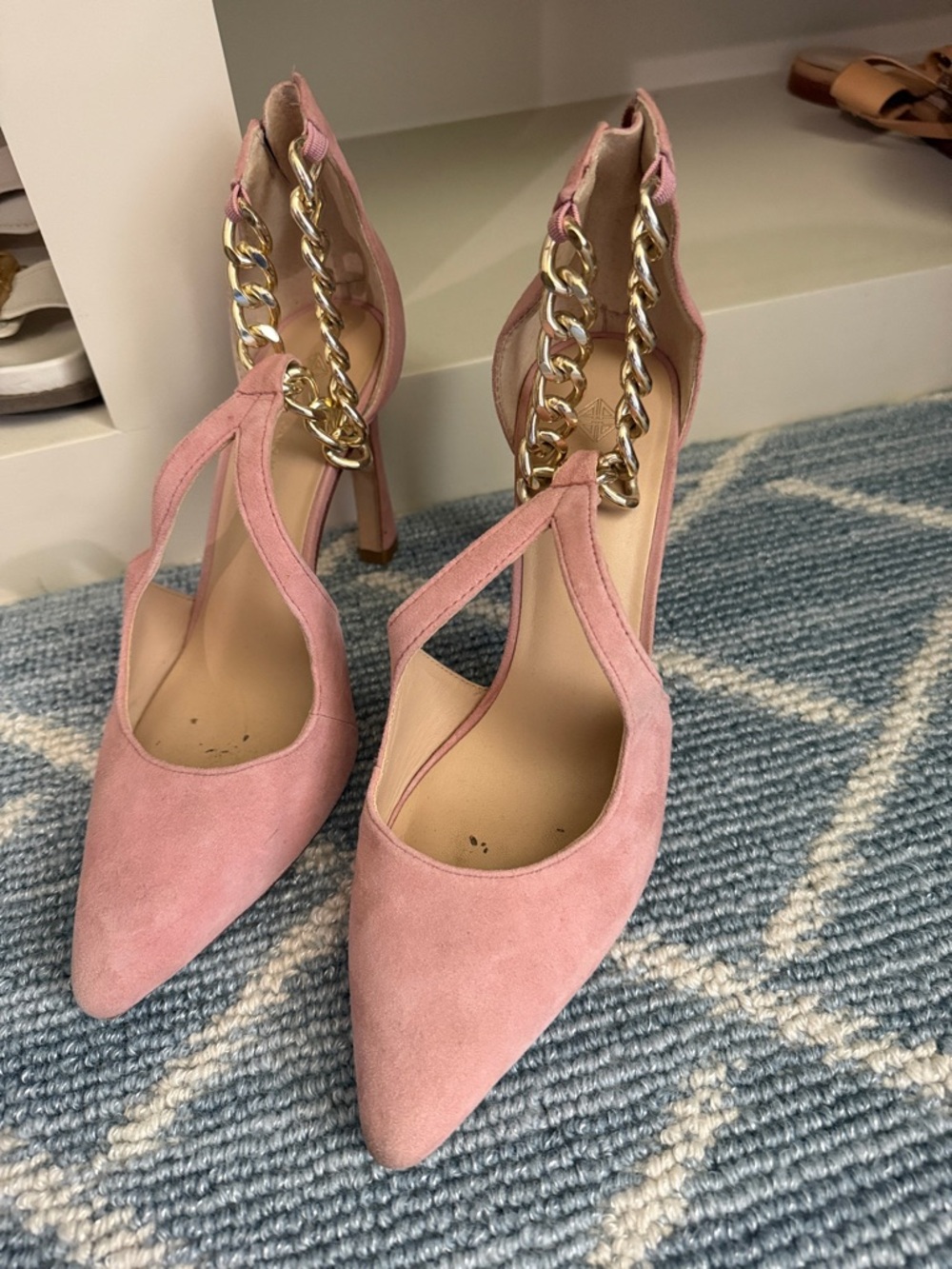 Antonio Milano Pink Suede Pointed-Toe Heels with Gold Chain Accent